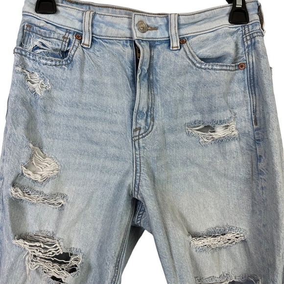 AMERICAN EAGLE MOM JEAN Comfort Stretch Waistband Light Wash Distressed Jeans 2 - Picture 2 of 16